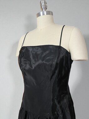 Vintage 80s Niki Livas Black Spaghetti Strap Crinkle Taffeta Tiered A Line Dress